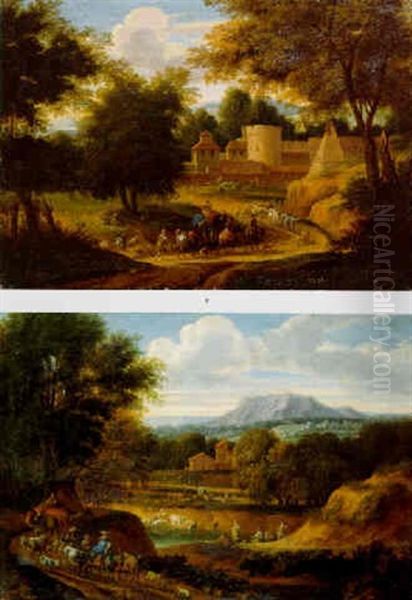 Wooded Landscape With Travellers And Animals On A Path - view 1