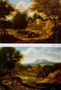 Wooded Landscape With Travellers And Animals On A Path by Adriaen Frans Boudewyns the Elder