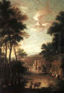 Wooded Landscape With A Traveller And His Mule Appraoching A Village