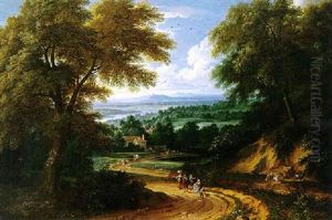 Travellers On A Path In An Extensive Wooded Landscape by Adriaen Frans Boudewyns the Elder