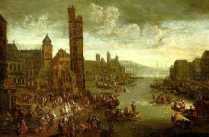Numerous Figures At A Seaport by Adriaen Frans Boudewyns the Elder