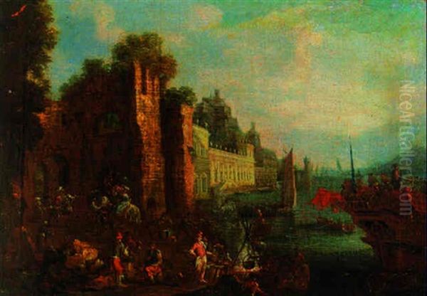 A Mediterranean Habour With Stevedores On The Shore Before A Ruined Arch, A Palace And Shipping Beyond - view 1