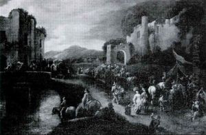 Elegant Figures And Travellers In An Italianate Town With Ruined Buildings By A Bridge