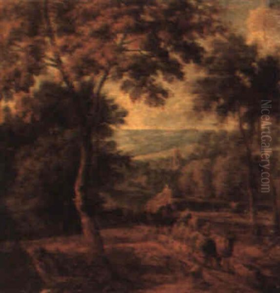 Farmers Driving Their Livestock Through A Wooded Landscape - view 1