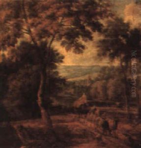 Farmers Driving Their Livestock Through A Wooded Landscape by Adriaen Frans Boudewyns the Elder