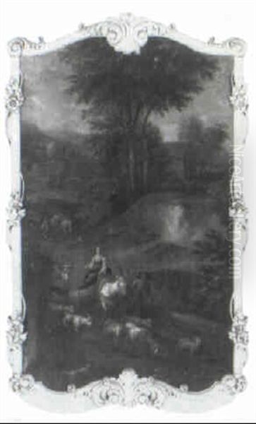 A Herdsman And His Companion At A Ford, A Village Beyond - view 1