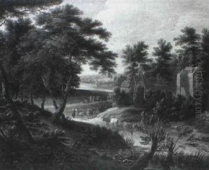 Peasants Watering Cattle With Elegant Company Promenading by Adriaen Frans Boudewyns the Elder