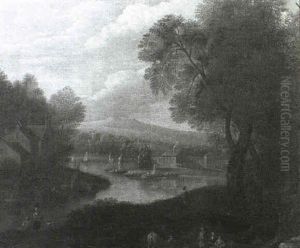 A River Landscape With Travellers Resting In The Foreground, A Village And Hills Beyond by Adriaen Frans Boudewyns the Elder