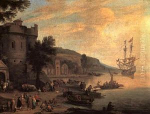 A Coastal Townwith Merchants, Peasants And Cattle On The    Shoreline With Riders Coming Through An Arch,..