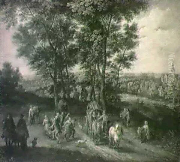 Landsvag I Ett Flamlandskt Landskap Med Resenarer I Ett Trespann, Ryttare Och Dansande Bondfolk - view 1