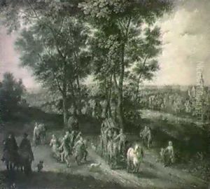 Landsvag I Ett Flamlandskt Landskap Med Resenarer I Ett Trespann, Ryttare Och Dansande Bondfolk Landsvag I Ett Flamlandskt Landskap Med Resenarer I Ett Trespann, Ryttare Och Dansande Bondfolk