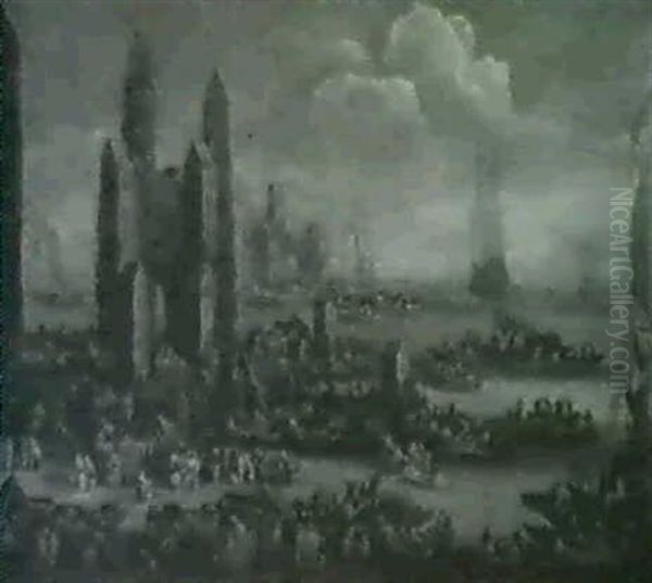 Hafen Mit Reisenden, Kaufleuten, Fischern, Zelten Und Fuhrwerken Vorn, Phantastischen Gebauden....... - view 1