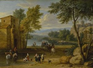 An Italianate River Landscape With Wagons, Figures, Animals, And A Ferry by Adriaen Frans Boudewyns the Younger