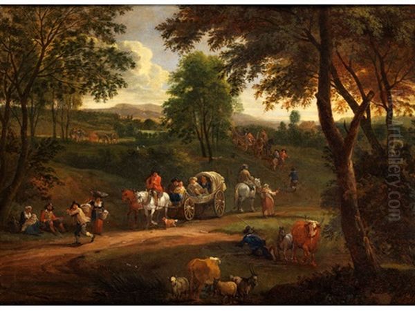 Sommerlandschaft Mit Hirten, Vieh Und Kutschwagen Auf Einer Landstrasse - view 1
