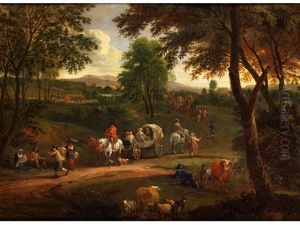 Sommerlandschaft Mit Hirten, Vieh Und Kutschwagen Auf Einer Landstrasse