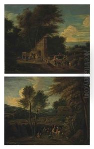 A Wooded Landscape With A Hunting Party Near A Lodge (+ A Wooded Landscape With A Hunting Party In A Clearing; Pair) by Adriaen Frans Boudewyns the Younger