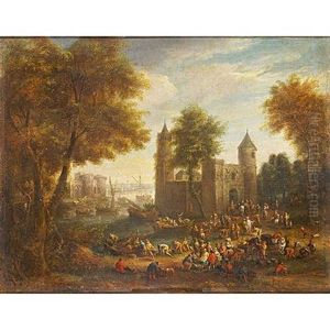 Mercado De Pescado Junto A Un Puerto by Adriaan Johannes Petrus Boudewyns