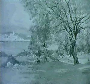A Shepherd And Sheep In A River Landscape by Leon Boudot