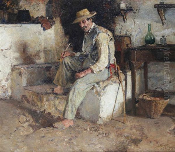 Homme A La Pipe Assis Devant La Porte De Sa Maison A Capri - view 1