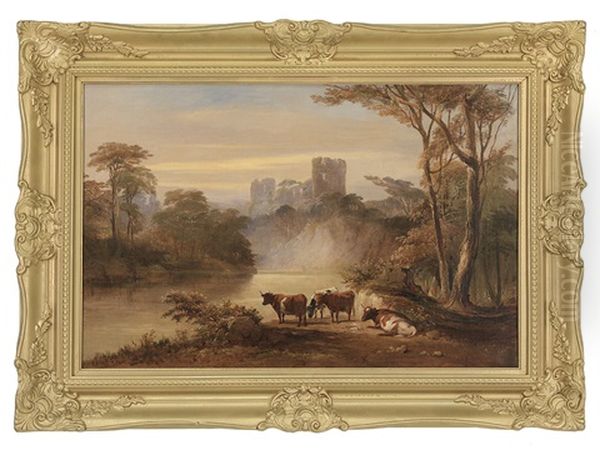 Cattle By A River With A View Of A Hilltop Castle - view 1