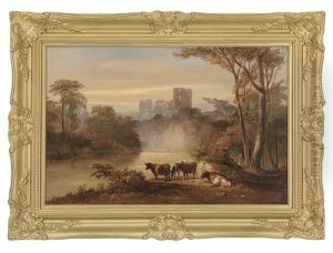 Cattle By A River With A View Of A Hilltop Castle