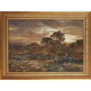 Horses In A Stream, And Distant Landscape by Samuel Bough