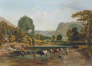 Cattle Watering By The Stepping Stones, Betws Y Coed, North Wales by Samuel Bough
