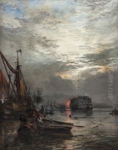 The Dreadnought From Greenwich Stairs - Sun Sinking Into Vapour by Samuel Bough