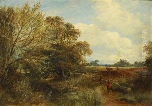Ploughing, With A Figure Dressed In Red Entering The Field
