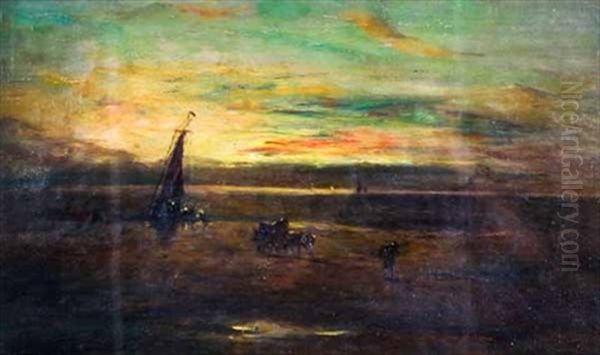 Horses And Figures On A Beach At Sunset - view 1