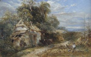 A Shed At The Edge Of A Wood, With A Boy And Two Cows On A Path