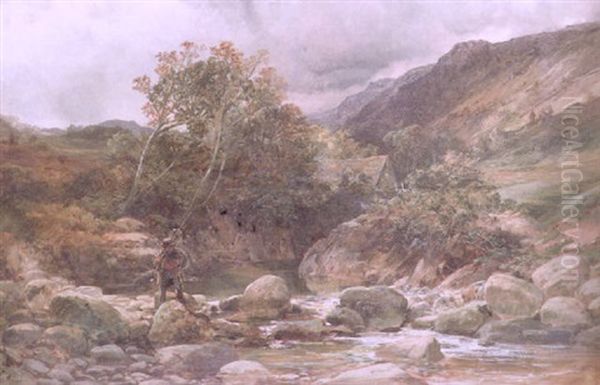 An Angler Crossing A Rocky Stream, A Cottage Beyond In A Windswept Hilly Landscape - view 1