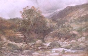 An Angler Crossing A Rocky Stream, A Cottage Beyond In A Windswept Hilly Landscape by Samuel Bough