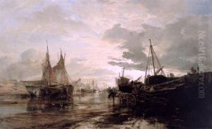 Beached Fishing Vessels In An Estuary by Samuel Bough