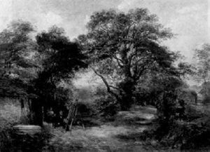 Landscape With An Artist With His Family Sketching Outside A Cottage, A Highland Landscape Beyond by Samuel Bough