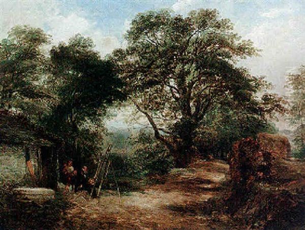 Landscape With An Artist With His Family Sketching Outside A Cottage, Highland Landscape Beyond - view 1