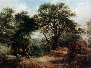 Landscape With An Artist With His Family Sketching Outside A Cottage, Highland Landscape Beyond by Samuel Bough