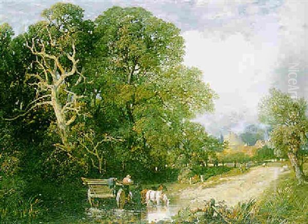 Wagon Horses Watering, A Smallholding Beyond - view 1