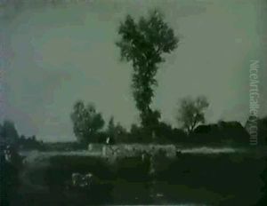 Cattle Watering, A Stone Bridge Beyond by Samuel Bough
