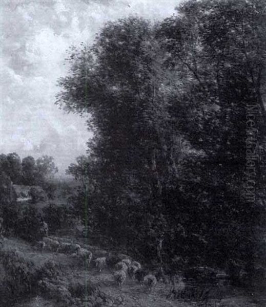 A Flock Of Sheep By A Wooded Stream - view 1