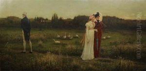 Two Women Talking Amongst Themselves While A Gentleman Is Facing Away by George Henry Boughton