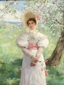Young Woman In White Beneath Flowering Branches
