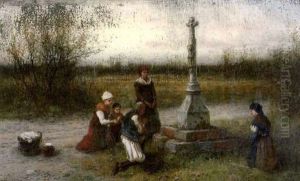 Familie Bei Der Andacht Vor Einem Wegkreuz Familie Bei Der Andacht Vor Einem Wegkreuz