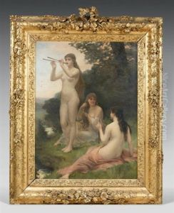 Trois Nymphes Musiciennes Denudees, Au Bord D'un Cours D'eau by William-Adolphe Bouguereau