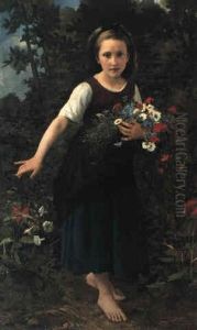 Petit Fille Au Bord Ruisseau Tenant Une Gerbe De Fleurs by William-Adolphe Bouguereau