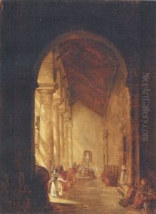Figures In The Side Chapel Of A Church by Etienne Bouhot