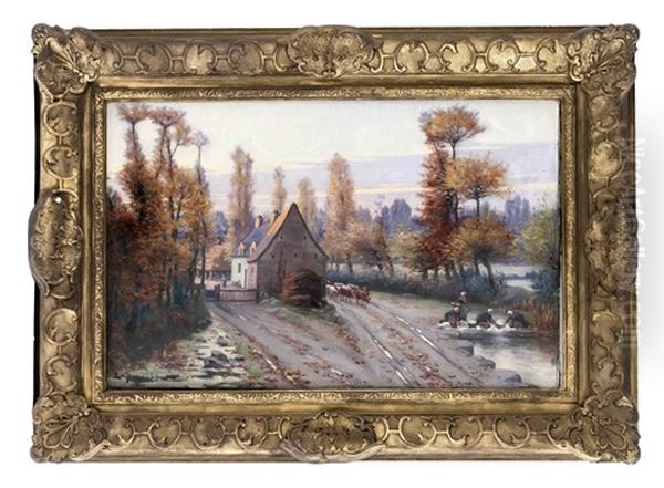 Gehoft Mit Kuherde Und Wascherinnen In Herbstlandschaft - view 1