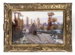 Gehoft Mit Kuherde Und Wascherinnen In Herbstlandschaft by Etienne Bouille