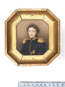 An Officer, Wearing Black Coat With Gold Buttons And Epaulettes, Standing Collar With Gold Embroidery, Black Stock