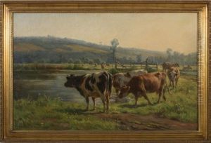 Pastoral Landscape With Cows At A Stream by Amable Bouillier